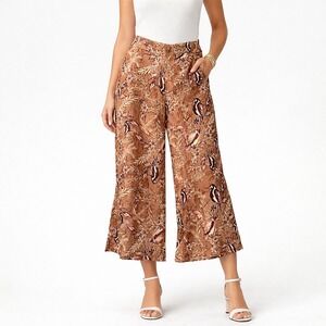 Tahari Linen Cropped Pants Bird‎ Print Wide Leg High Waisted Women's Small